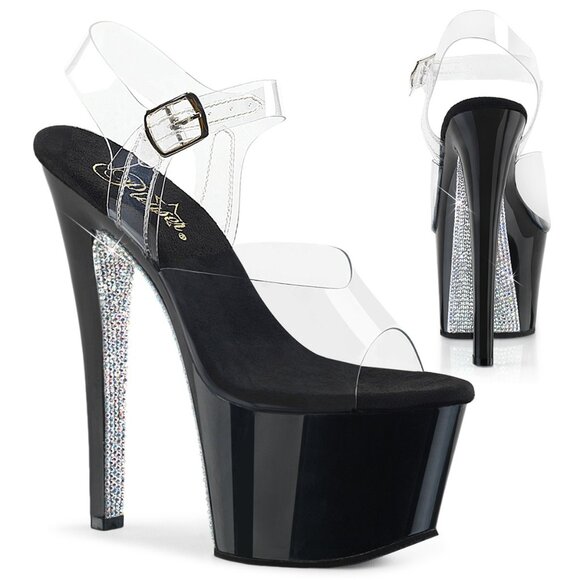 Pleaser | Sky-309CRS, 7 Inch Rhinestones Platform Ankle  Pleaser Sky-308CRS Black Platform Heels with Rhinestones